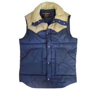 Vintage Western Wear Sears Outdoor Puffer Vest Mens Med. TALL Navy Blue Tan Snap